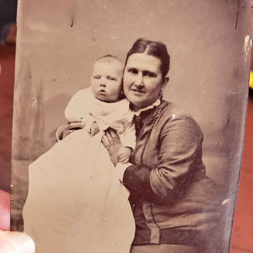 Antique 1870's Tintype - A mother's love - smiling mom holding her sweet baby